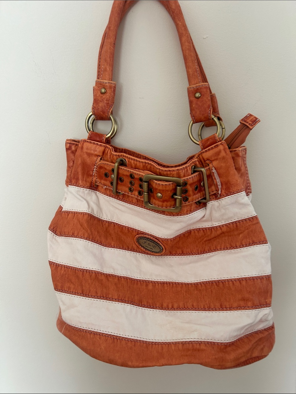 J&E New York Striped Orange and Cream Women’s Shoulder Bag